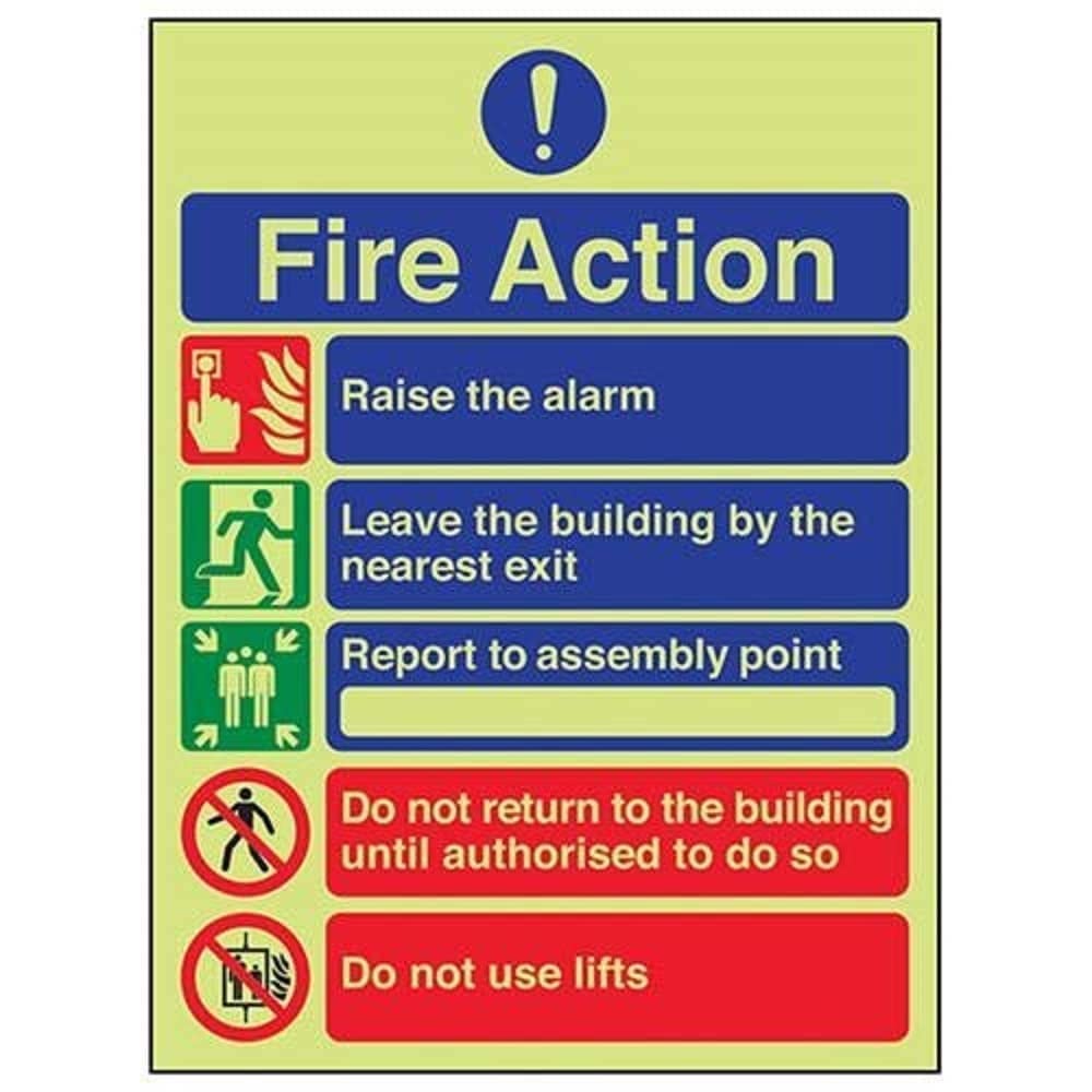 V Safety Glow In The Dark 5 Message Fire Action Notice Sign - 150mm x 200mm - Self Adhesive Vinyl