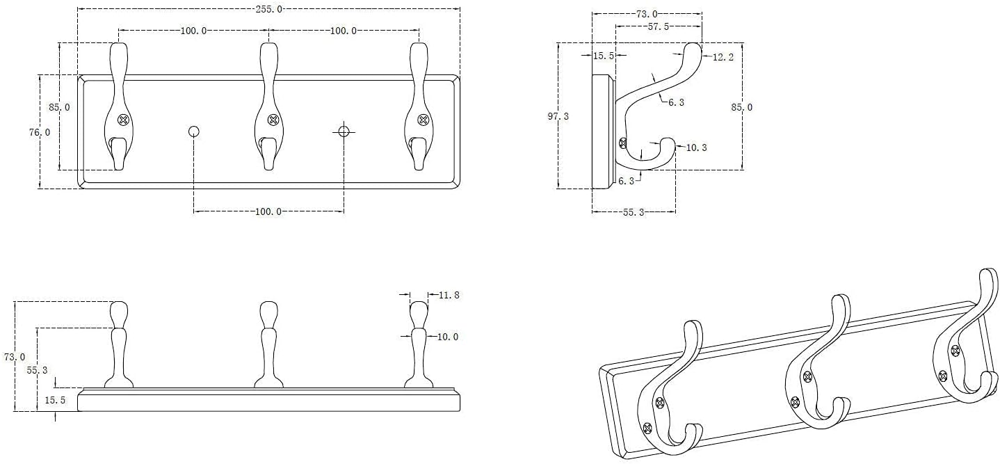 Richelieu | Wood Hook Rack with 4 Metal Coat Hooks, Matte Nickel and White image 5