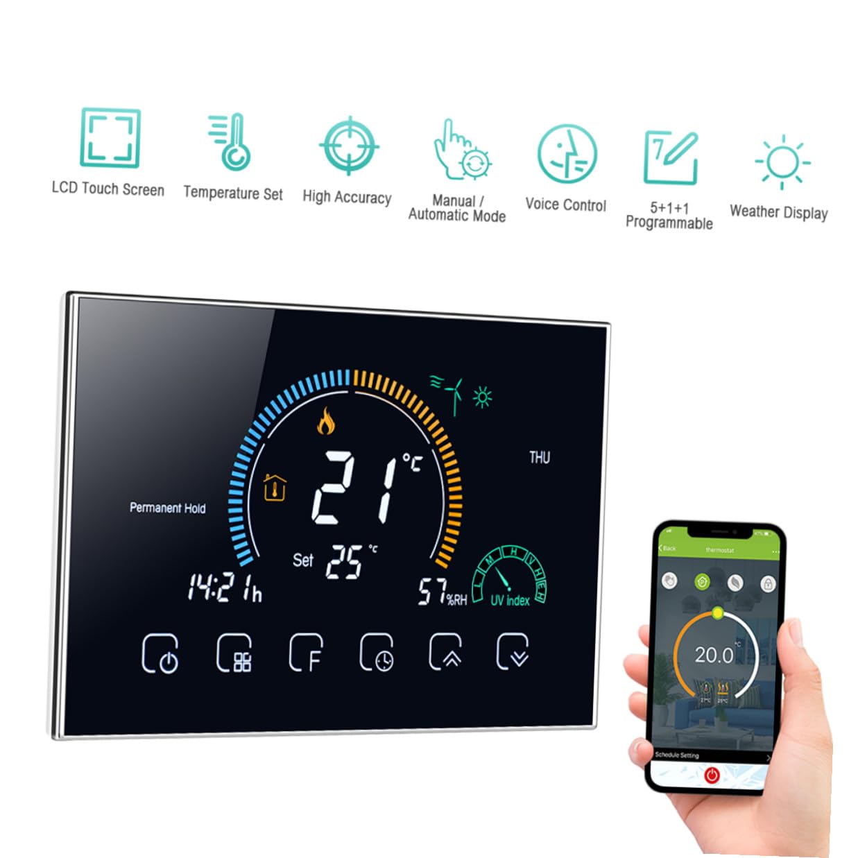 Schwarzer Raumthermostat 95v 5a mit 4, 8 Zoll LCD Touchscreen WLAN | PC Abs Gehäuse, 5 bis 35 Grad Einstellbereich, 86mm Kassette