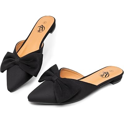 Trary Women's Black Bow Pointed Toe Mules, Modern Mule