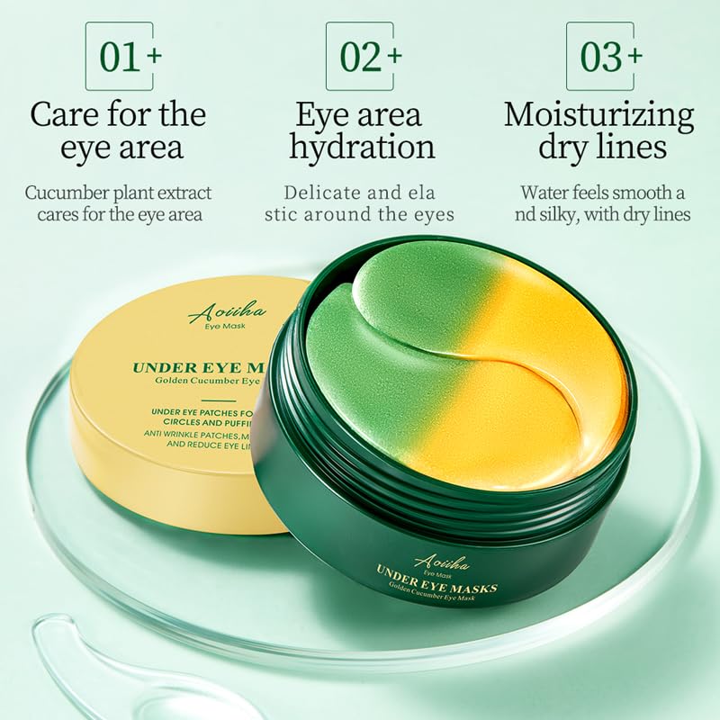Gold Cucumber Under Eye Patches with Collagen & Hyaluronic Acid Formula - Hydrogel Eye Mask for Dark Circles & Wrinkles, 60 Pairs with Castor Oil, Hydrating Treatment - 2