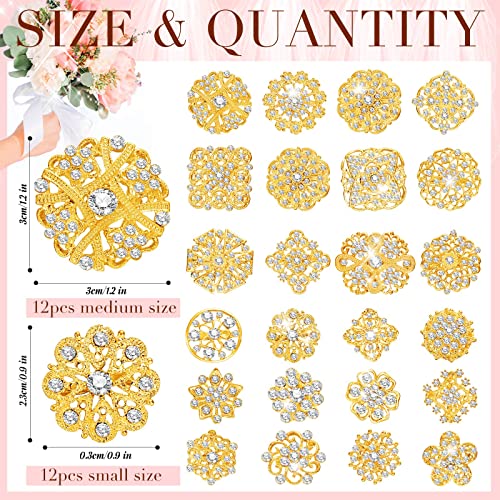 124 Pcs Bouquet Pins Flower Brooch Rhinestone Diamond Brooches Crystal Corsage Boutonniere Stick Pins Embellishments for Crafting Wedding Decor Supplies(Gold)2