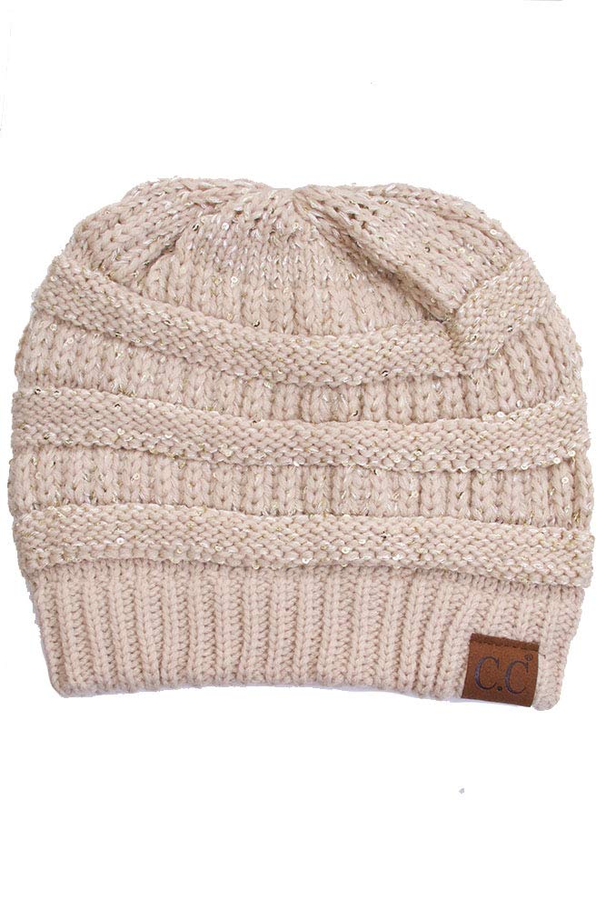 ScarvesMe Women's Winter Warm Sparkle Sequin Soft Skull Cap Beanie Beige