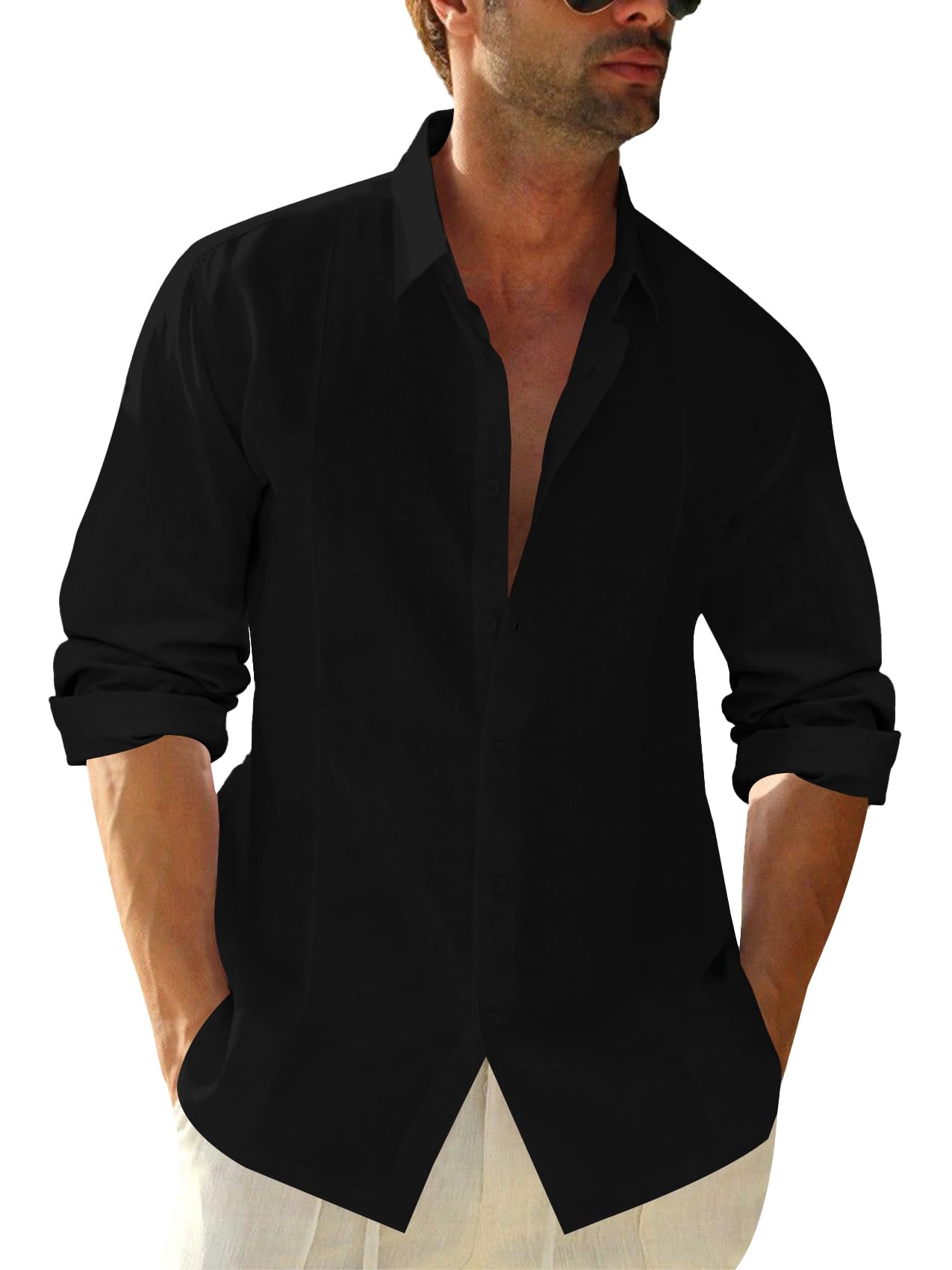 Runcati Camisa de lino para hombre, camisa ligera de verano, camisa de ocio, manga larga, camisas de negocios para hombres