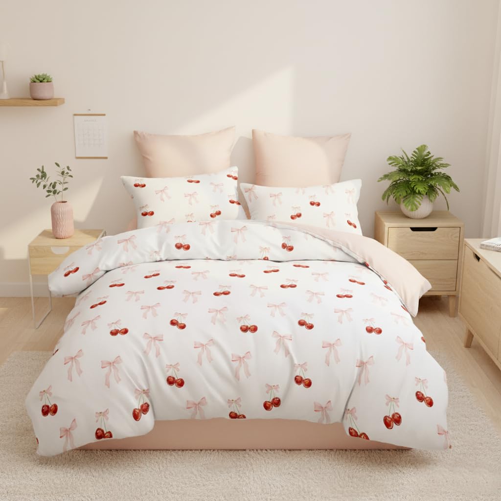 Covebett Pink Duvet Cover Single Red Cherry and Bows Pattern Kawaii Bedding Set Kids Girls Pink Bow Aesthetic Microfiber Comforter Quilt Cover 135x200 cm with Zipper Closure and 1 Pillowcase 50x75 cm โ image 1