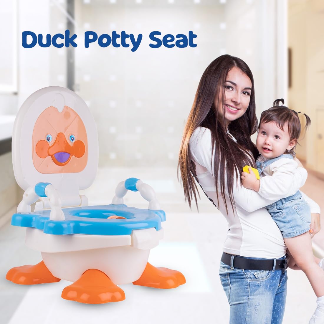 Bumtum Asiento de entrenamiento Duck Potty con cuenco extraíble y una cubierta de tapa, diseño atractivo y asiento de inodoro de color (azul), 1 unidad
