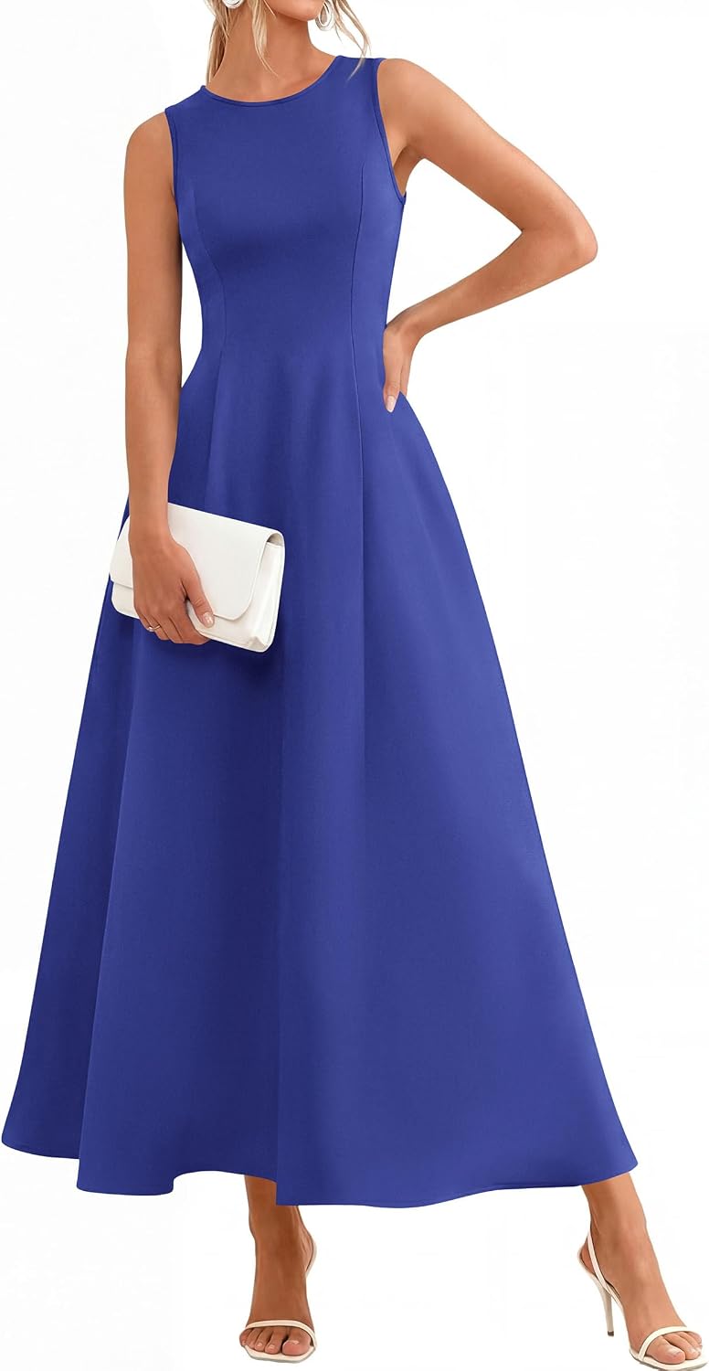  Women's Sleeveless Summer Elegant Maxi Dresses | High Crew Neck, Flared A Line, Long Flowy Tank Dress with Pockets, Modest Spring Outfits for Wedding Guest, Cocktail Party thumbnail