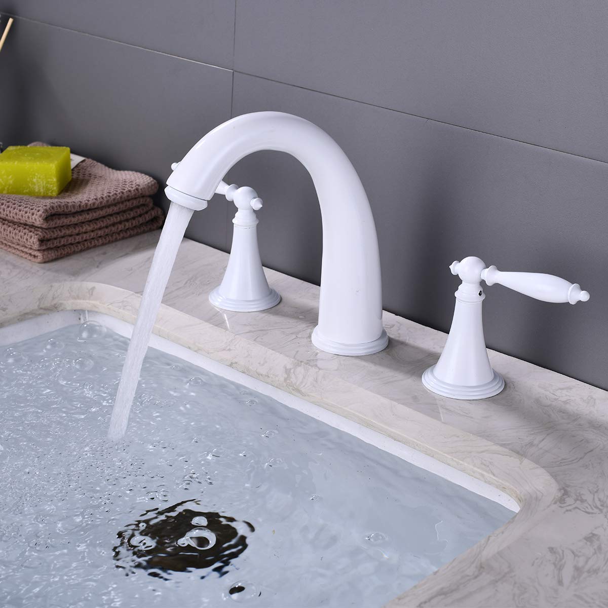Two-Handle Bathroom Faucet White 8 Inch Widespread Bathroom Faucet Supply Line 3 Hole Lead-Free Lavatory Sink Mixer Tap