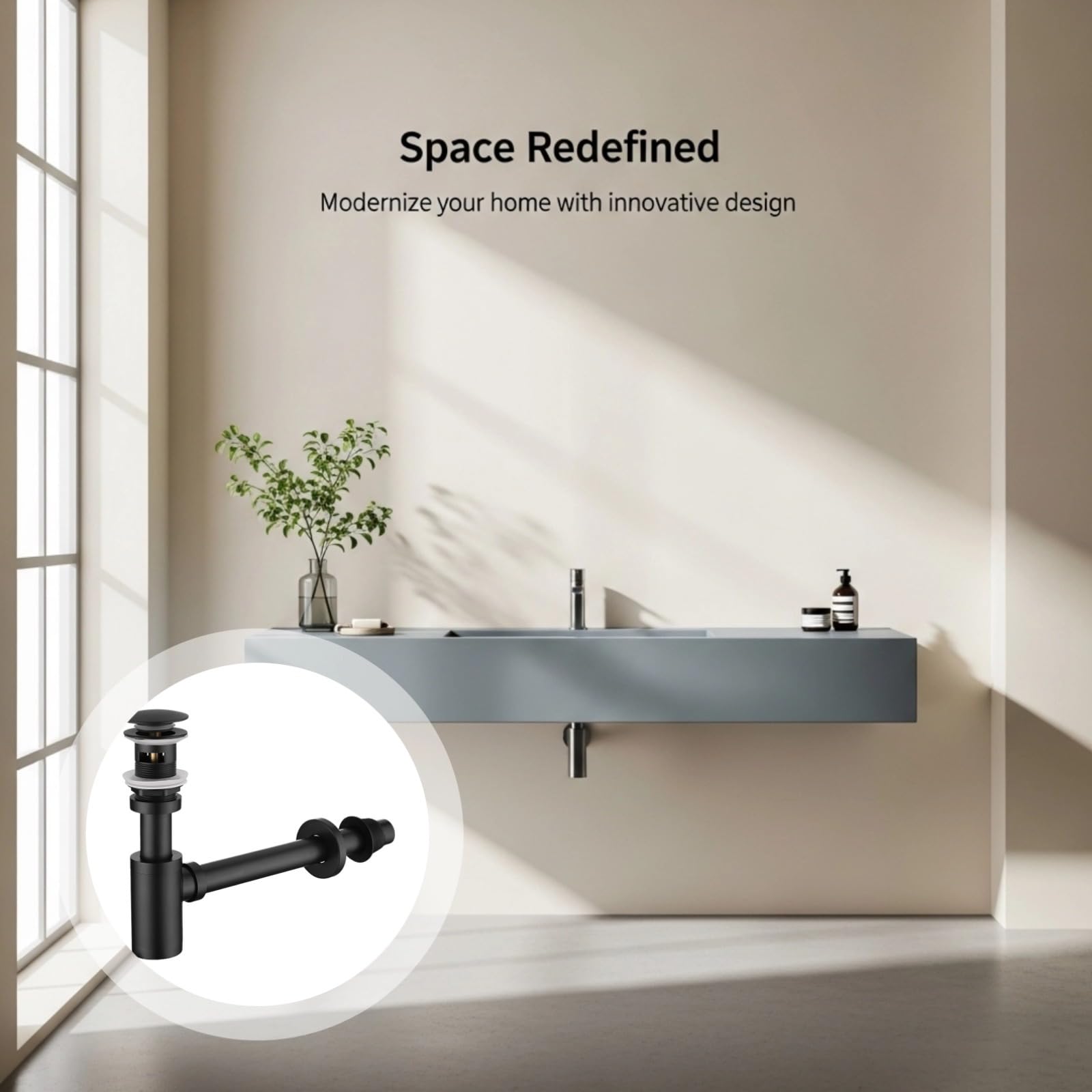 Sifone a bottiglia rotondo per lavabo da bagno, kit da parete in acciaio inox 304, nero opaco con troppopieno, 30 x 35 x 5 cm