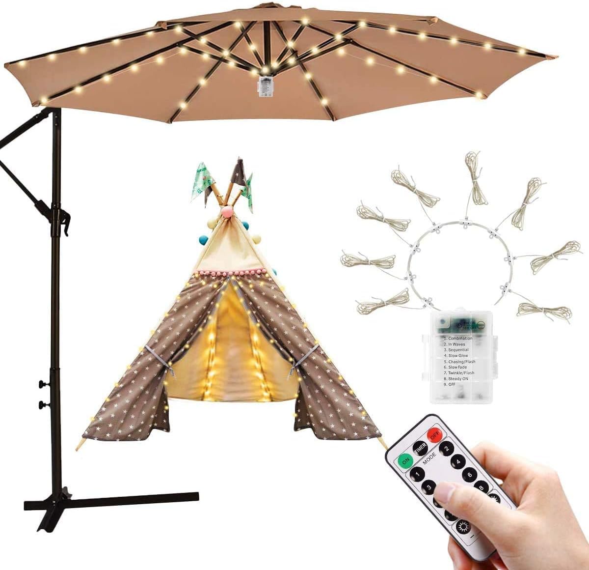 Parasol Lights Patio Umbrella Lights with 104 LED String Lights with Remote Control 8 Mode Waterproof Garden lights for Party Halloween Battery Operated patio control batteries lamps deck