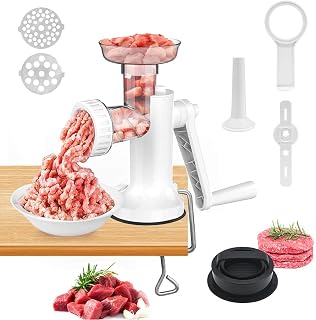 LHS Manual Meat Grinder, Heavy Duty Meat Mincer Sausage Stuffer,Stainless Steel Blades Hand Grinder for Meat, Sausage, Cookies,with Hamburger Press Patty Maker (4 in 1,White)