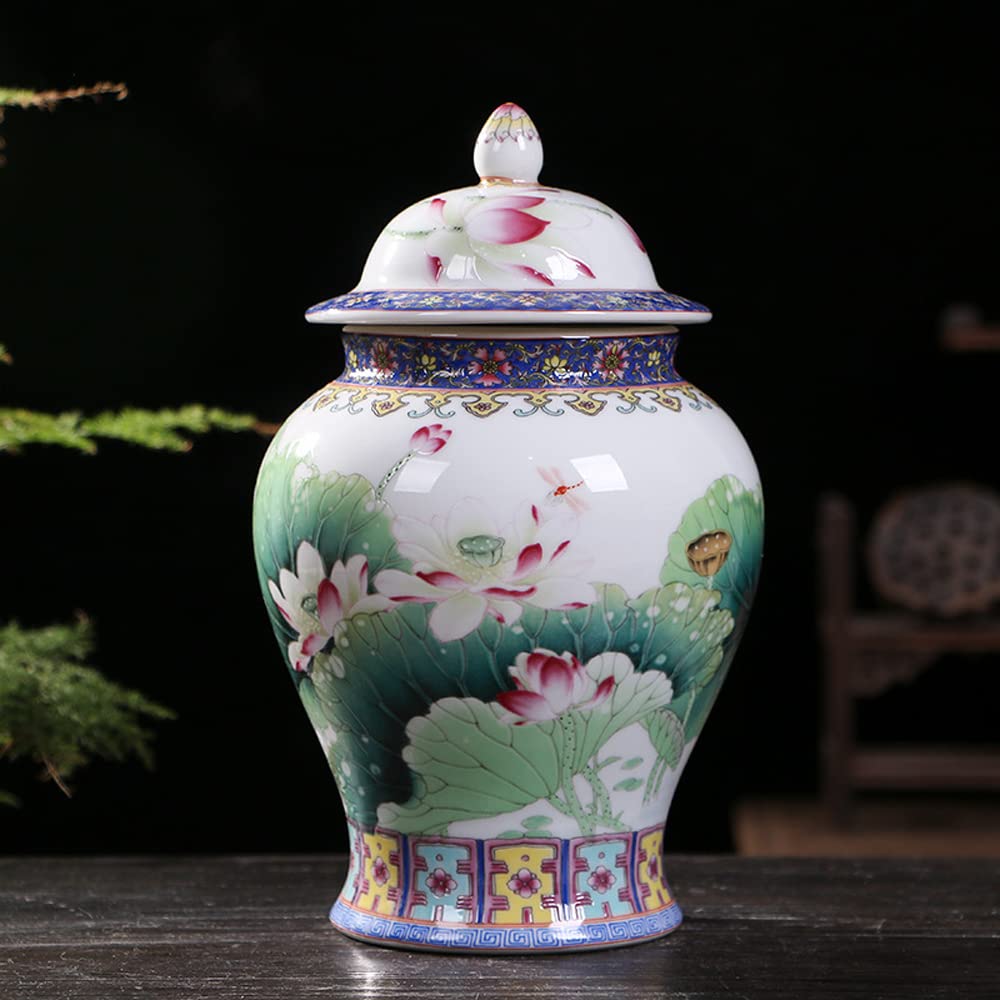 asdchZen Ceramic Ginger Jar With Lid For Home Decor,Traditional Chinese Flowers And Birdstemple Jar, Jingdezhen Handcrafted Porcelain Vase Centerpiece Decor Chinese Retro Porcelain Cer,A