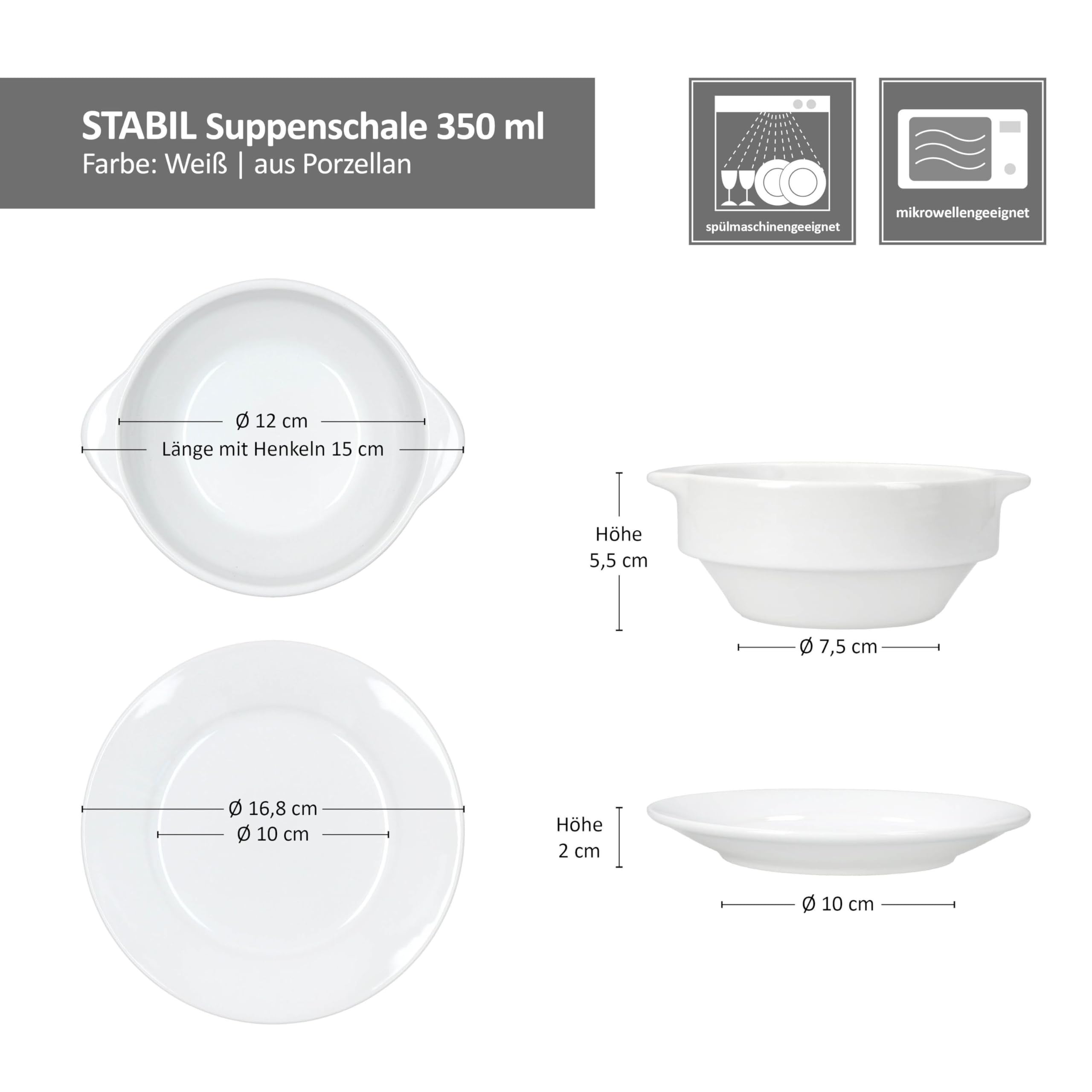 MamboCat STABIL 4er Set Suppentasse mit Untertasse I 350 ml I 4 Personen I Porzellan weiß I Suppenschale mit Henkeln I Bowl für Ramen, Chili, Gulasch, Suppe & Eintopf