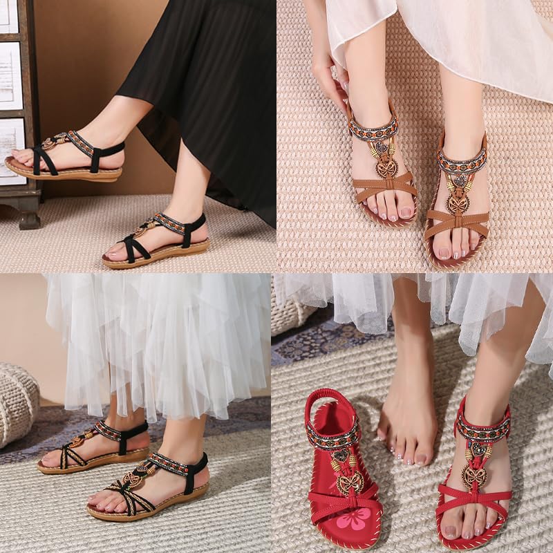 Women'S Flats Sandals Summer Bohemian Beaded Dress Shoes Comfort With Elastic Ankle Strap Women Flats Open Toe Sandal Comfortable Ankle Strap Outdoor Walking3