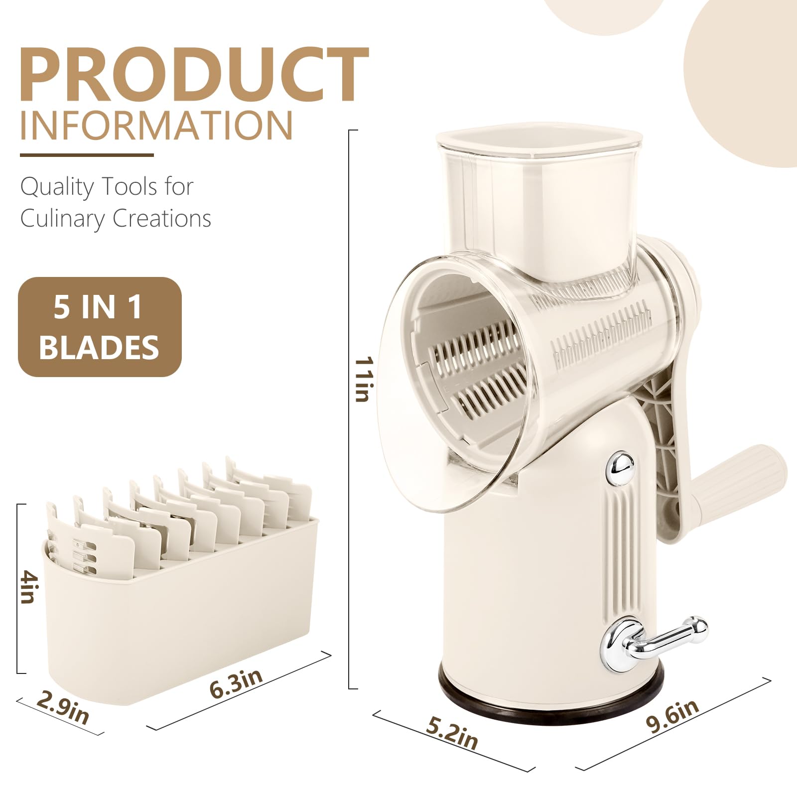 Rotary Cheese Grater with Handle, 5-in-1 Cheese Grater Hand Crank, Strong Suction Base for Fruit Vegetables Nuts with Blade Storage Box (White)