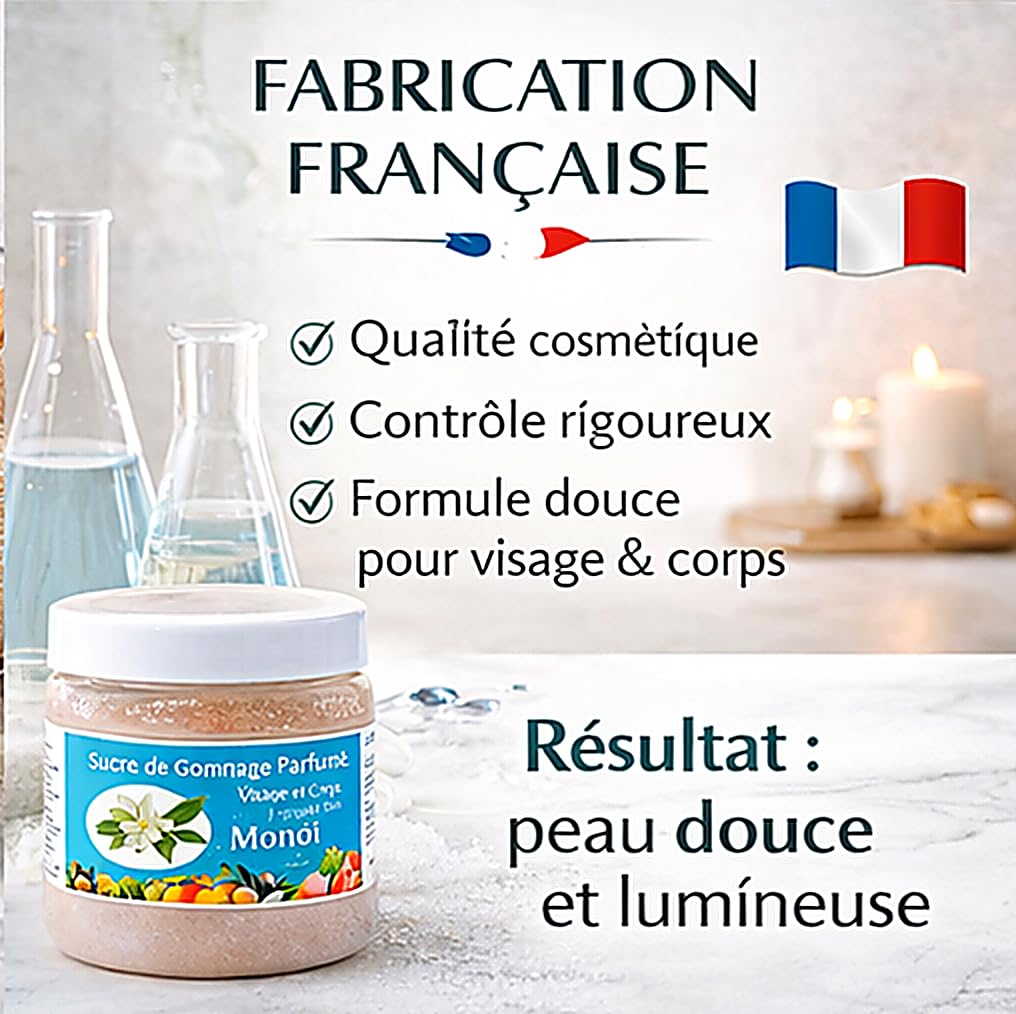 Sucre de Gommage Visage et Corps 600g deliktess®– Exfoliant au Sucre Naturel & Beurre de Karité Bio – Body Scrub Hydratant Spa – 18 Parfums au choix (Monoï)