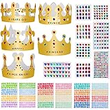 Fowecelt 34 Pieces Paper Crowns Set, Princess Prince Crown for Kids Birthday Party Decor, King Hats Gold Tiaras Crowns DIY Decorate with Jewels Number Letter Stickers Boys Girls Party Favor Supplies