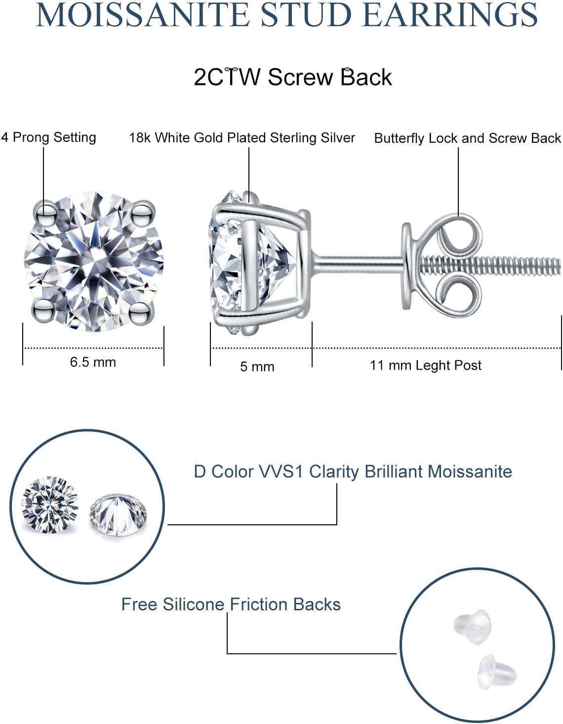 Moissanite Stud Earrings Hypoallergenic 925 Sterling Silver stud Earrings for Women Round Cut D Color VVS1 18K White Gold Plated Lab Created Moissanite Earrings for Women Men 0.3ct-2ct - Image 5