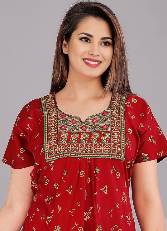 Image of OFEEFAN Women's Cotton Embroidered Jaipuri Nighty Gown - Pack of 2 Rajasthani Print Maxi Night Dress with Pocket - Soft & Comfortable Ladies Sleepwear & Loungewear