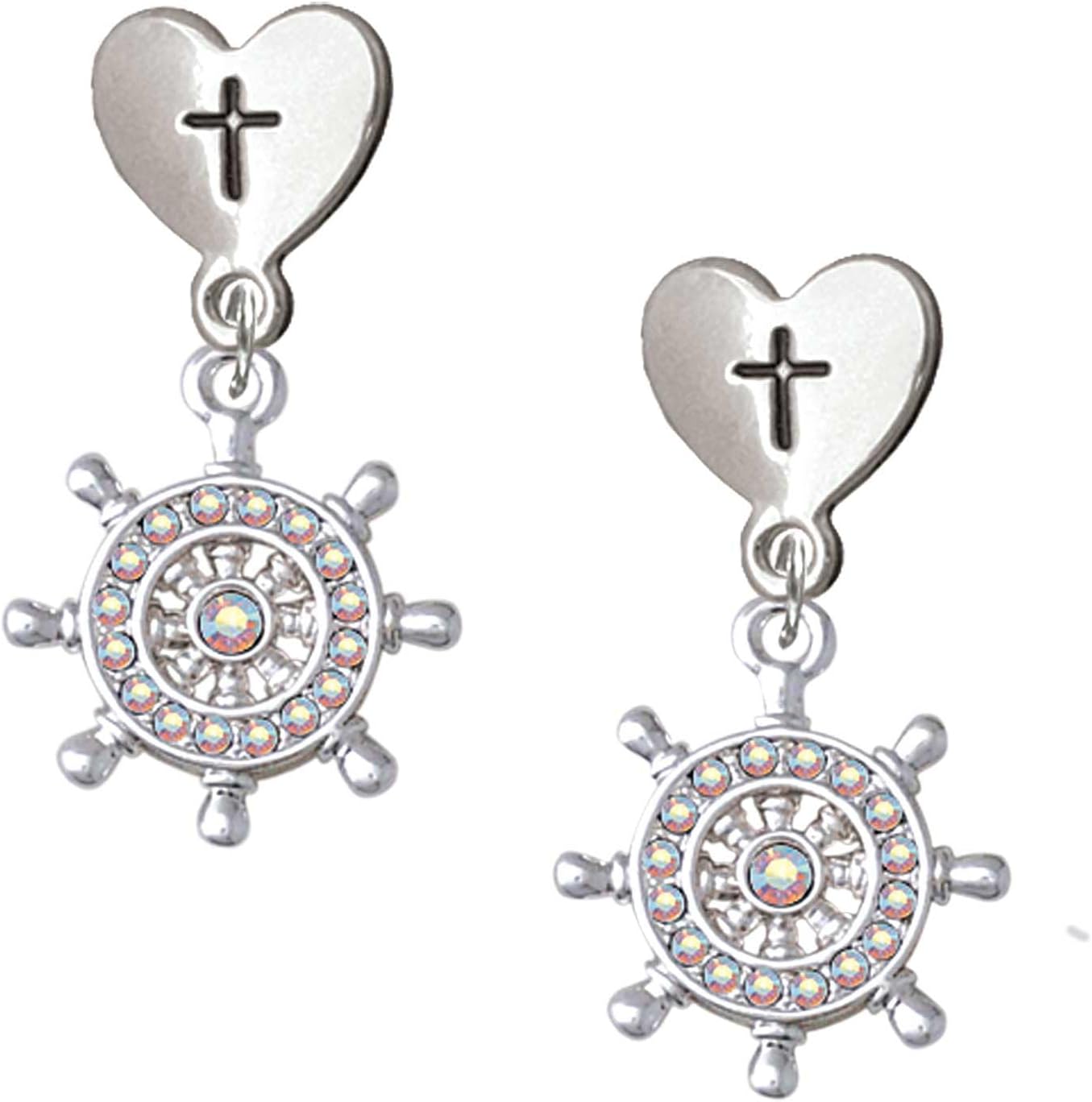 Delight Jewelry Plated Crystal Ship Wheel - Direction Plated Cross in Heart Post Dangle Earrings