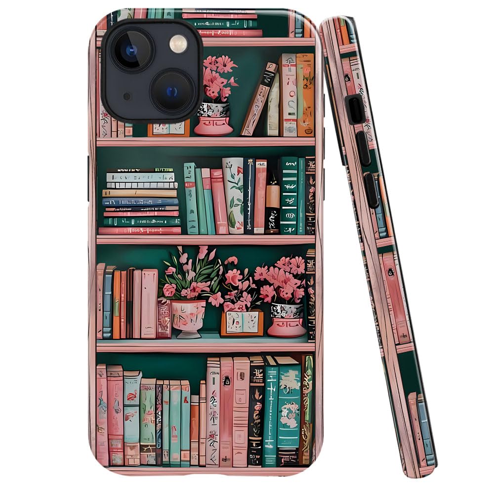 TnXee Case Compatible with iPhone 14 Plus,Fall Prevention Bright Hybrid 2-Layer Hard Shell Phone Case for Girls Boys,Floral Bookshelf Retro Pink