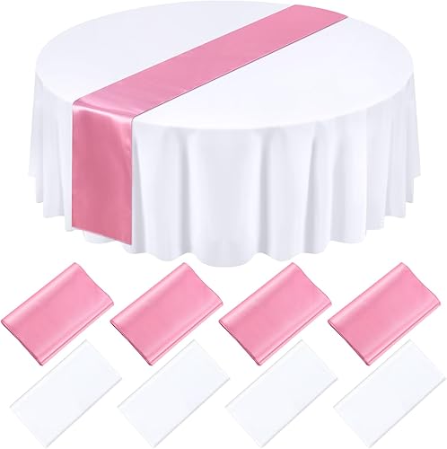 Tudomro Juego de 8 manteles redondos de plástico y camino de mesa de satén de 12 x 108 pulgadas, manteles redondos de 84 pulgadas para fiestas,