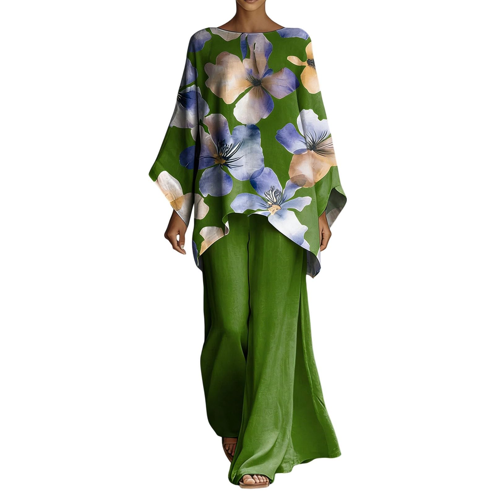 Ensemble 2 Pièces Femme en Coton et Lin Style Ethnique Bohème, Blouse Haut Ample Manches Chauve‑Souris et Pantalon Large Jambes Fluide Évasées, Tenue Ensembles Bohème Chic pour Été Vacances Plage