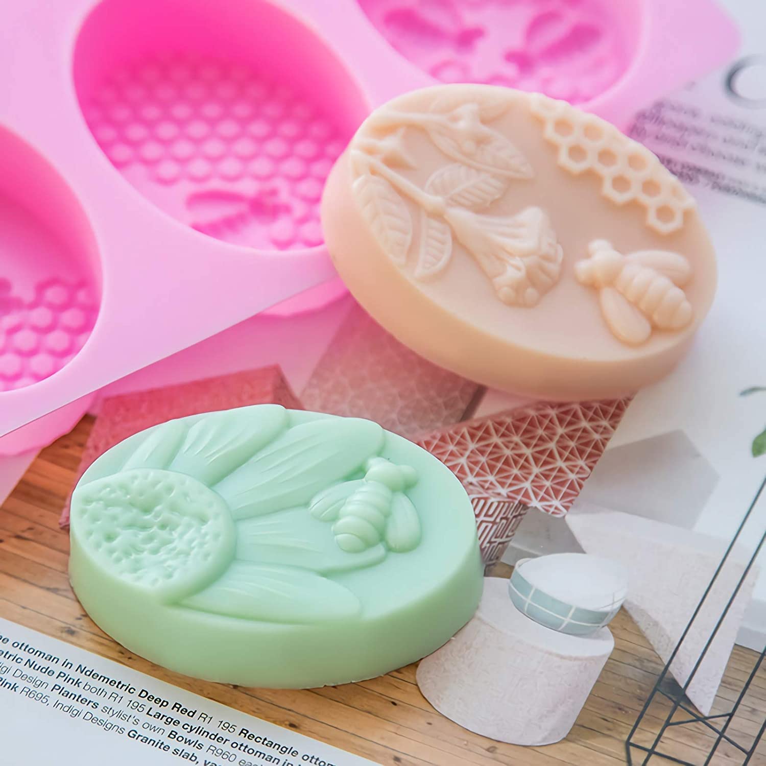 Zeinwap 3D Bee Silicone Molds, Honeycomb Mold for Soaps, Beehive Cake Baking Mold, Candle Mold Resin Mold for Homemade Craft (Oval, Random Color) 4