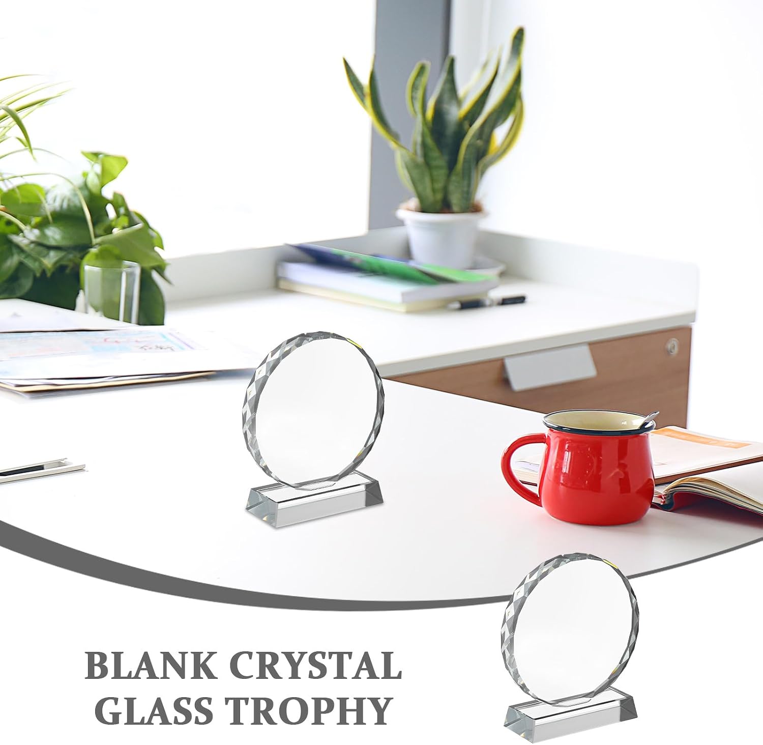2pcs Blank Clear Glass Trophy, Crystal Award Plaque for Employee Recognition Corporate Milestone Desktop Keepsake Office Decor Souvenir