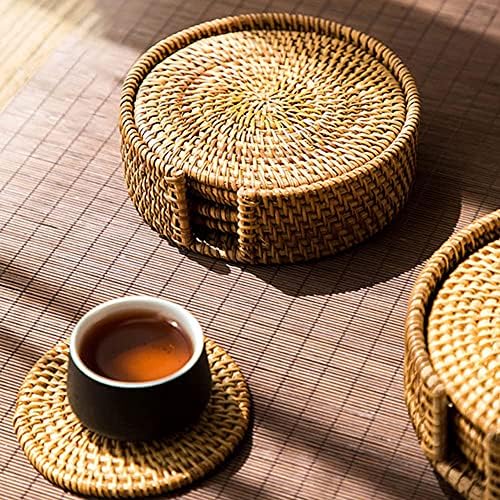 YCDC Handmade Woven Rattan Coasters with Holder for Drinks, Pack of 6pcs, Creative Gift Round Natural Rattan Coasters Tea Cup Placemats for Home Desk Office Padding Kitchen Decor/Tools(10cm/3.94")