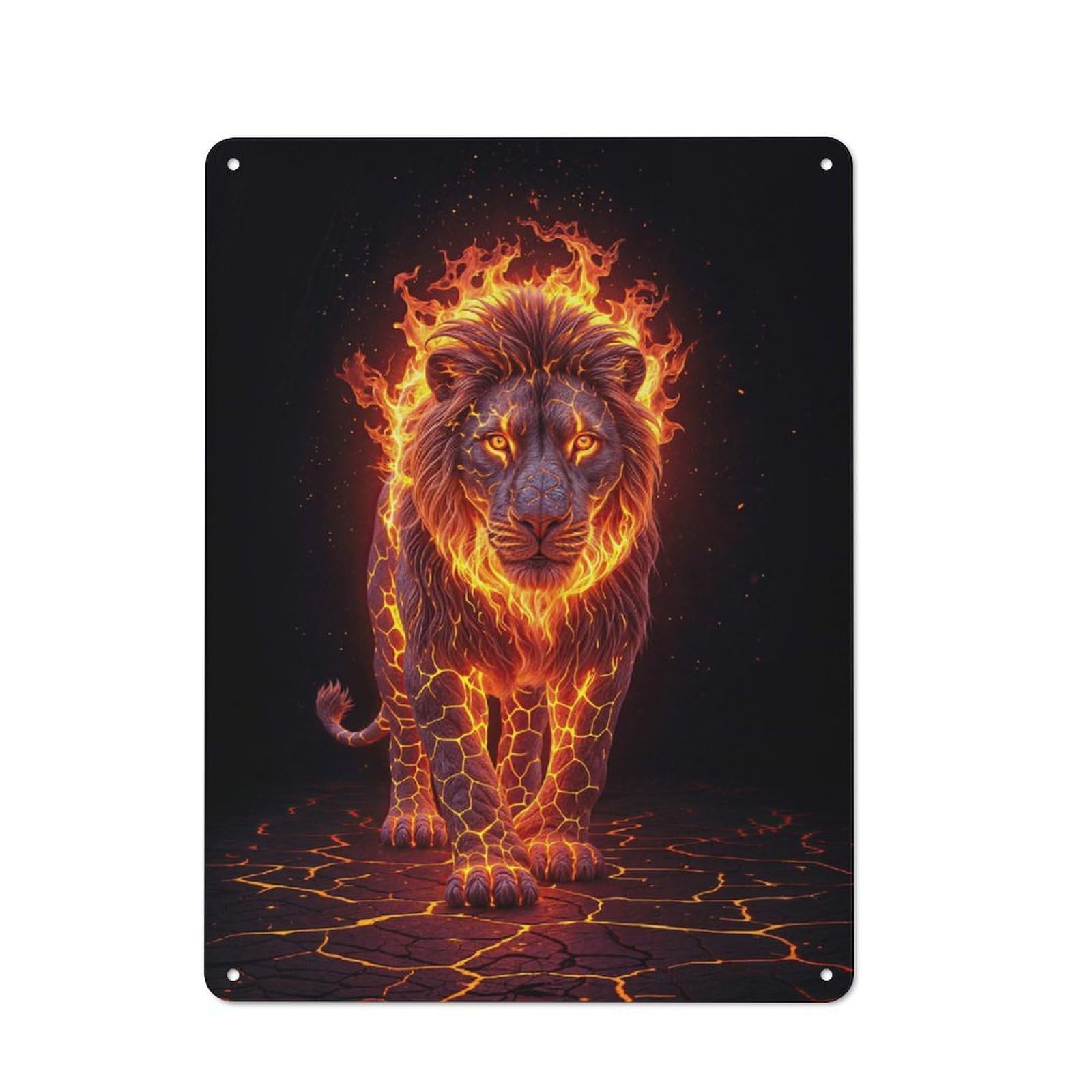 Loft Style Metal Wall Sign 40x30cm Featuring Volcanic Fiery Lion, Studio Wall Art for Loft, Studio, Office Or Creative Room