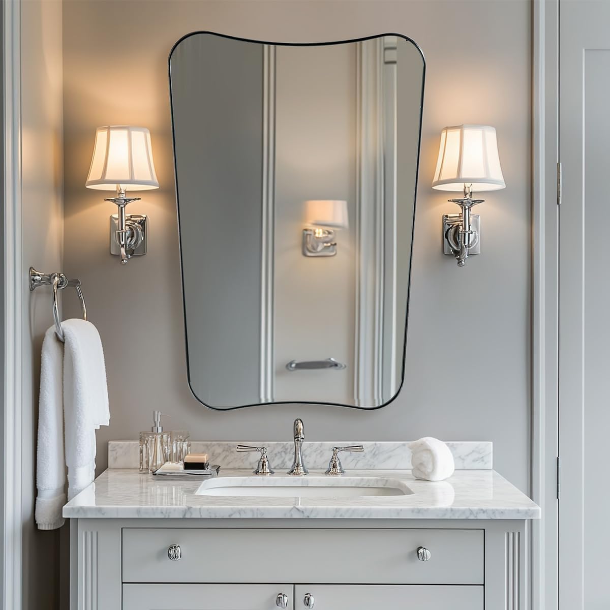 ANDY STAR 26x38’’ Brushed Nickel Mirror, Brushed Nickel Mirrors for Bathroom, Silver Bathroom Vanity Mirror, Unique Bathroom Mirror with Sophisticated Design, Wall Mount Vertically Only