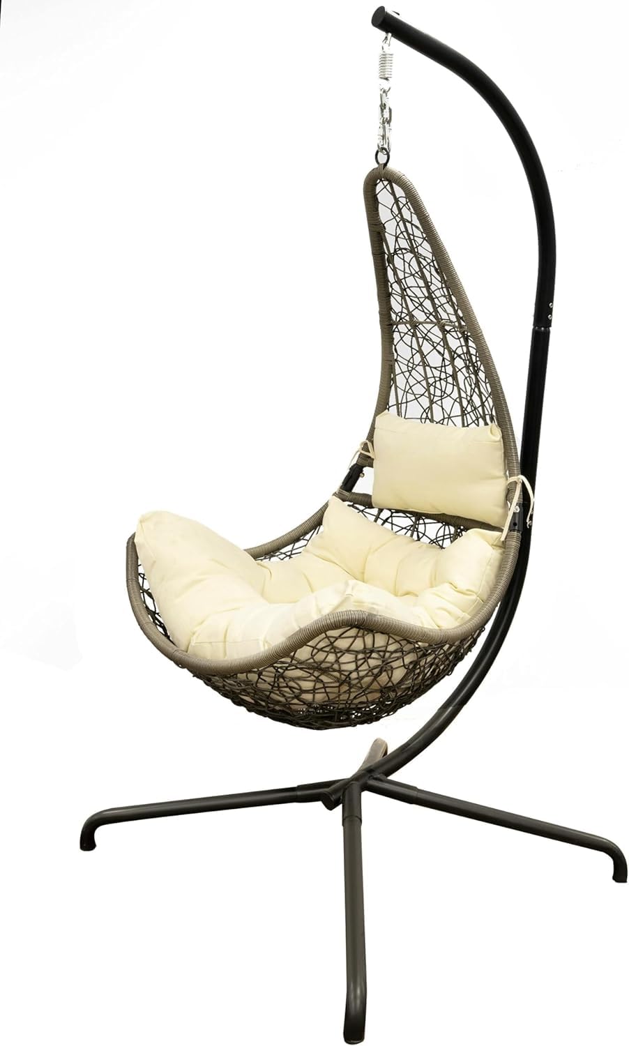 SH&G Hanging Swing Chair | Basket Chair, Stand & Cushion Set | Grey Rattan & Steel with Cream Cushion | Signature Homes and Gardens