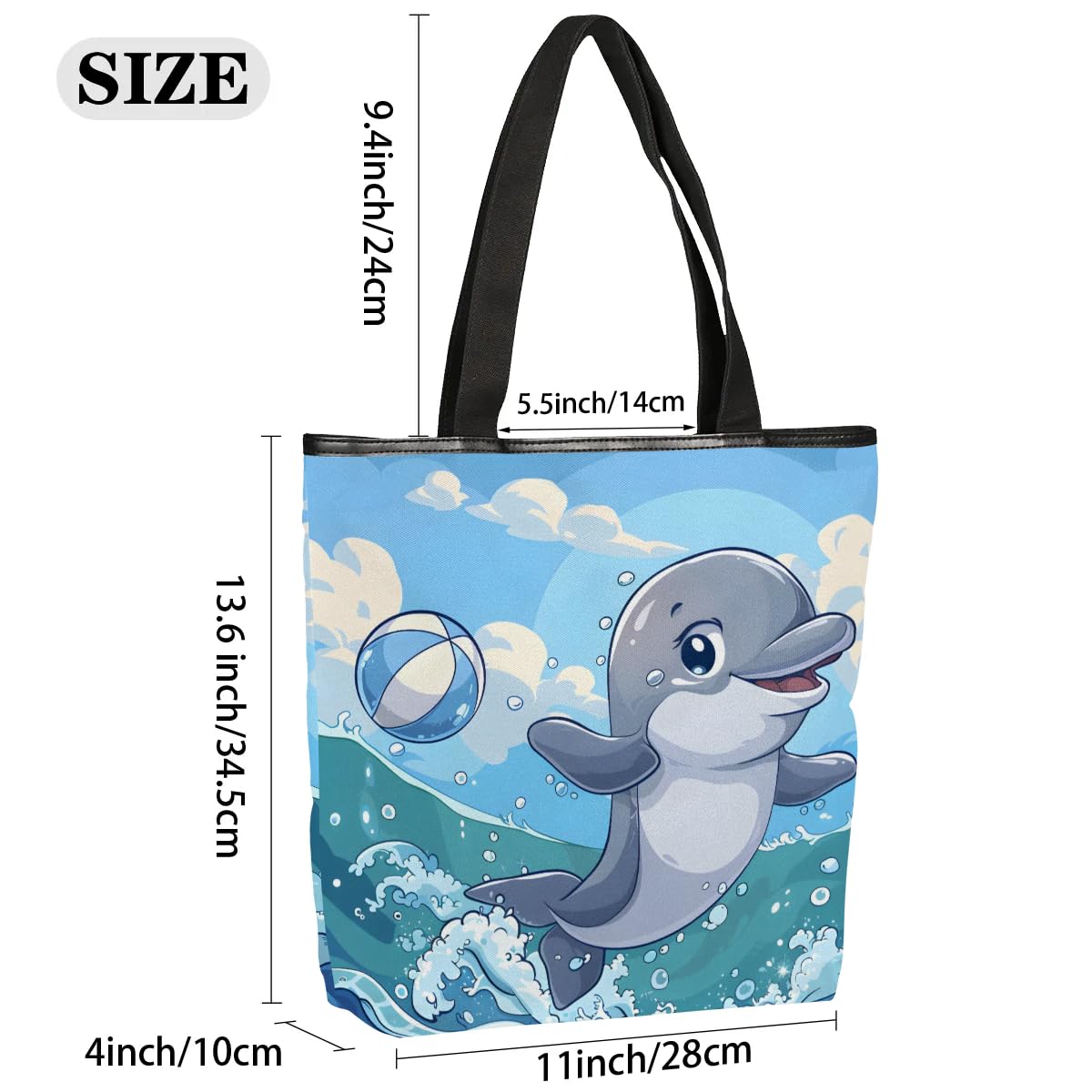 Mularoka Cartoon Dolphin Volleyball Canvas Tote Bag with Zipper and Pockets Canvas Tote Shopping Bag Women Reusable Grocery Bag for Beach Travel Gym Shopping