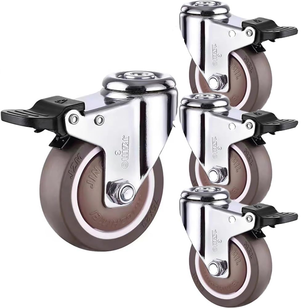 8 MM Foro Superiore Universale Ruote, Ruote in Gomma 3/4 Pollice, Ruote Pivottanti Silenziose con Freni per Carrelli, Mobiletti, 4 Pezzi(with Brake,3 inch)