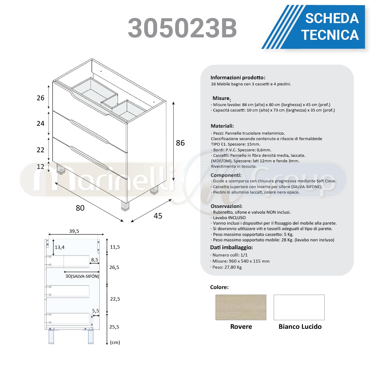 MarinelliGroup Mobile bagno 80 cm a terra lavabo ceramica 3 cassetti BIANCO LUCIDO 80 x 45 x 86 cm 305023B