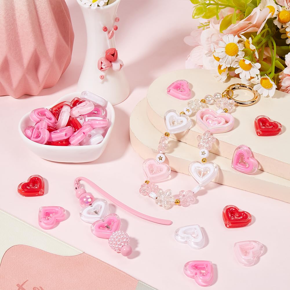 SUNNYCLUE 80Pcs 4 Colors Bead in Bead Hearts Acrylic Heart Beads Bulk Valentine's Day Pink Hollow Love Shaped Loose Bead for Jewellery Making Bracelets Necklaces Father's Day Mother's Day DIY Crafts - Image 4