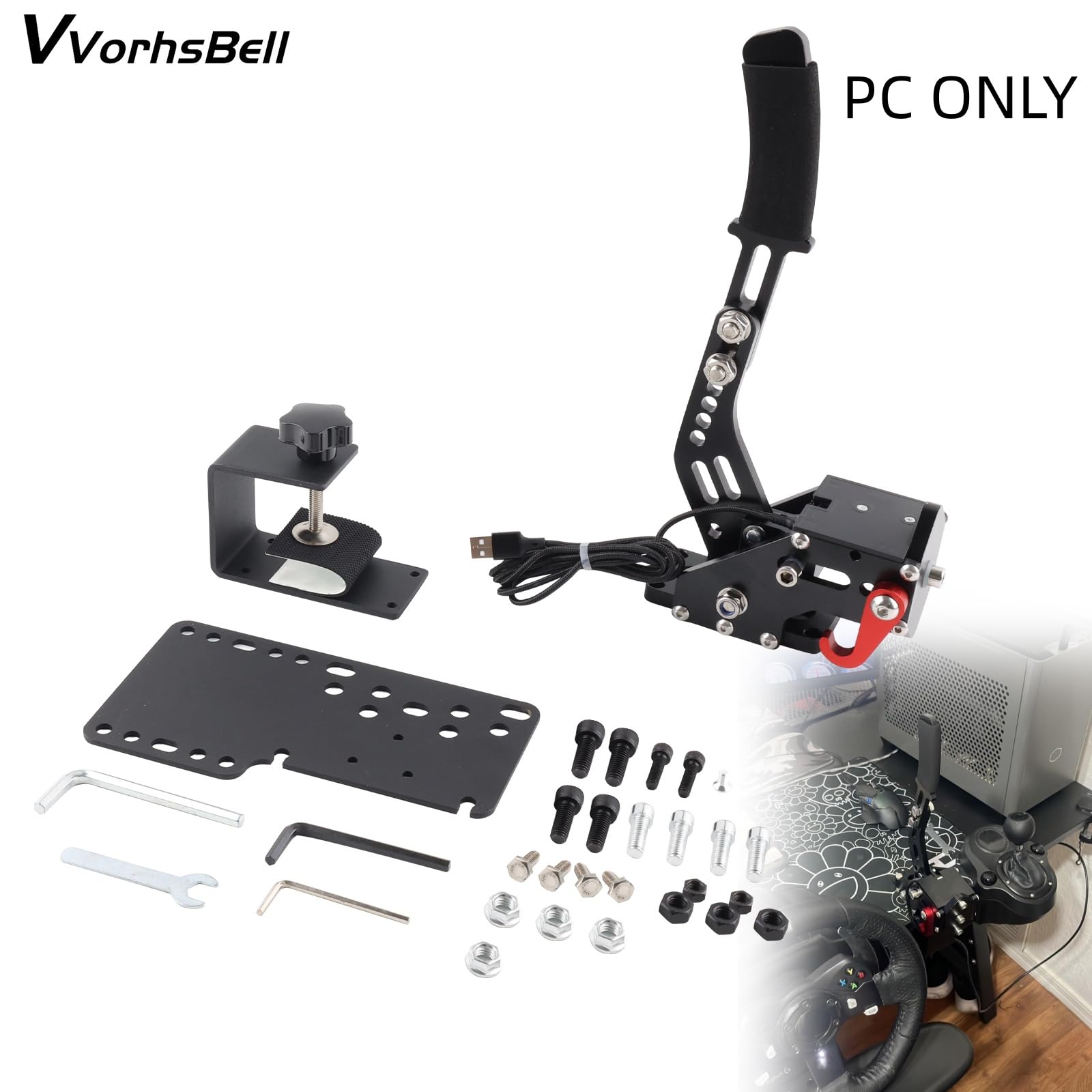 VVORHSBELL USB Handbrake 16 Bit SIM PC Racing Games Compatible with logitech G25 G27 G29 G920 G923 & Thrustmaster T300 T500 Adjustable Linear Handbrake For Simulator Games