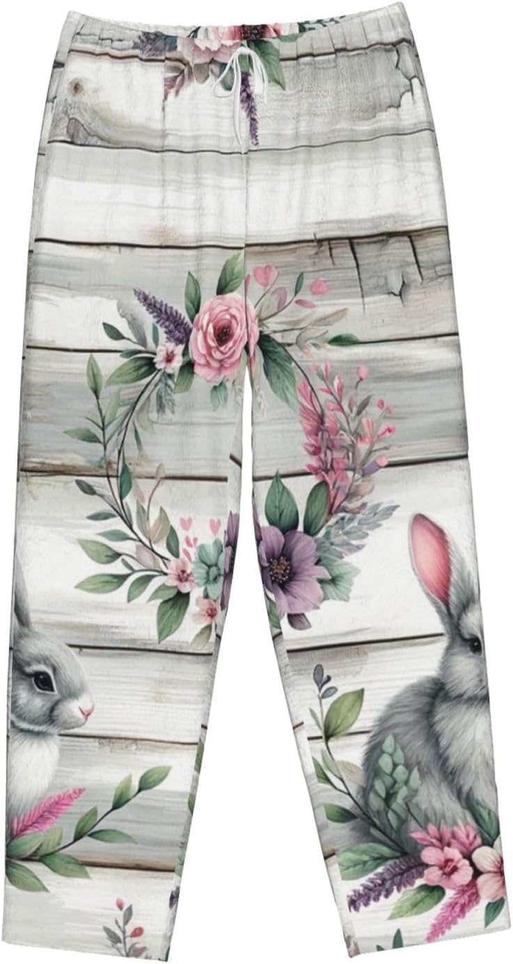 Women'S Vintage-Easter-Rabbits Fleece Pajama Pants, Cozy Flannel Lounge Bottoms For Women