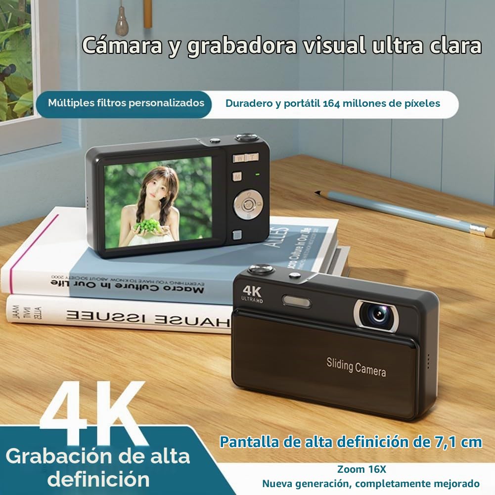 Cámara digital deslizante compacta 64mp con zoom digital 16x grabación de vídeo 4k pantalla HD de 2.8 pulgadas estabilización electrónica carga tipo-c cuerpo metálico para estudiantes entusiastas de
