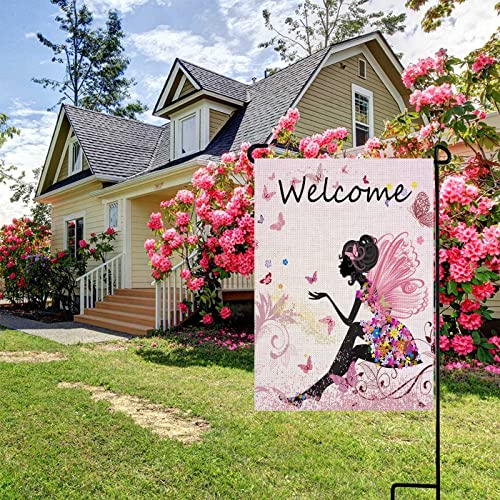 Uanvaha Welcome Fairy Outdoor Garden Flag Pink Flower Cartoon Butterfly Girl Angel Floral Vertical Burlap House Flags 12.5X18 Double Sided Patio Lawn Party Decorations #TOP3