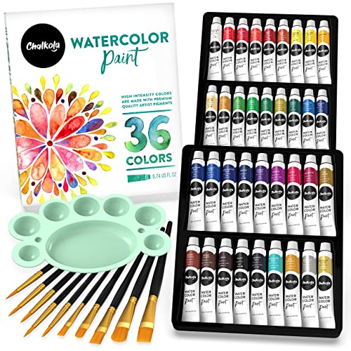 Chalkola Watercolor Paint Set For Adults, Kids, Beginner & Professional Artists - 36 Watercolor Tubes Set (12Ml, 0.4Oz), 10 Painting Brushes & 1 Palette | Vibrant Water Color Art Painting Supplies #TOP8
