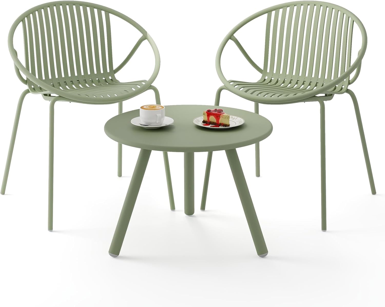 Tangkula 3 Pieces Bistro Set, All Weather PP Patio Conversation Set, Heavy-Duty Metal Frame Outdoor Acapulco Chair Set w/Round Coffee Table, 2 Chairs and Side Table Set for Deck, Balcony (Green)