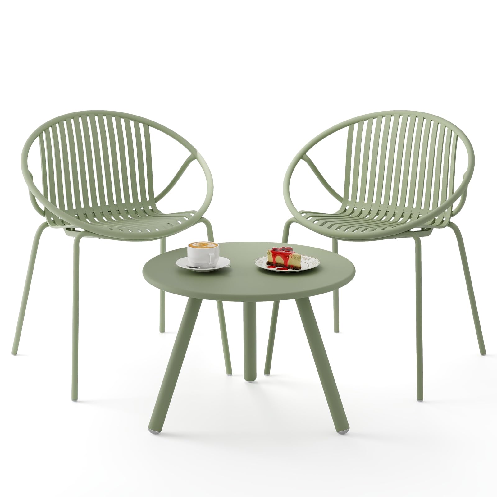 COSTWAY 3 Pieces Bistro Set, All Weather PP Garden Conversation Furniture Set with Round Coffee Table, Heavy-duty Metal Frame Patio Chair and Table Sets for Deck, Balcony, Poolside (Green)