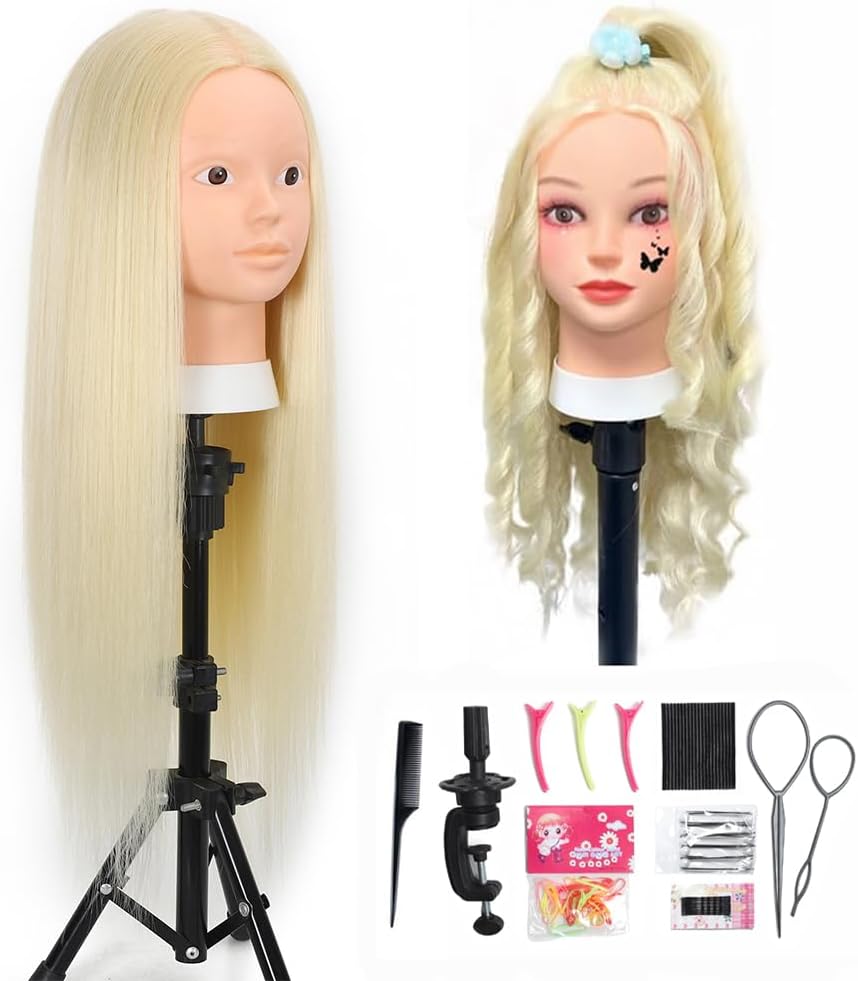Opini Mannequin Head with 80% Real Human Hair Cosmetology Hairdresser Mannequin Doll Head for Practice Hair and Makeup (#613 Blond No makeup)