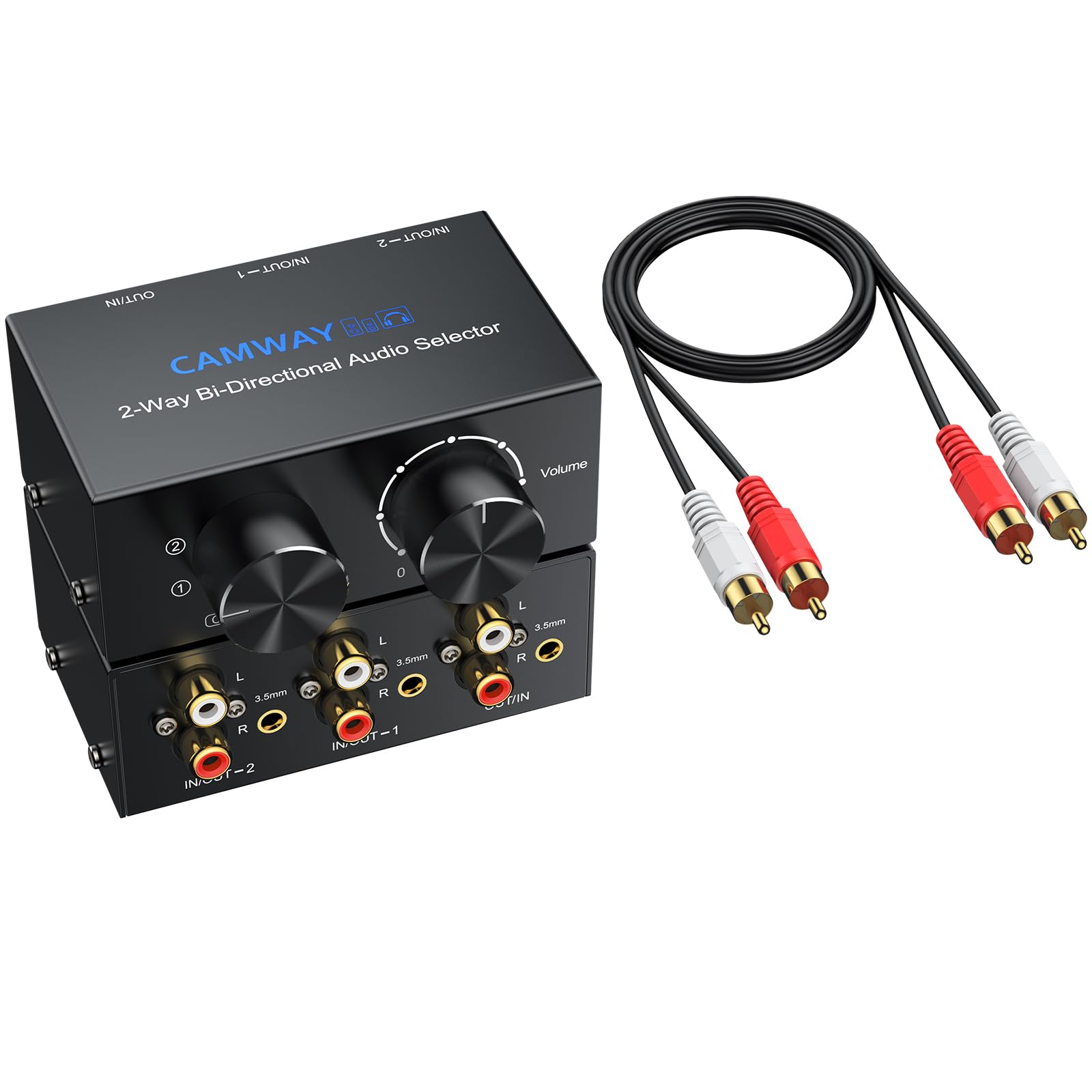 CAMWAY RCA L/R i pomocniczy przełącznik audio 3,5 mm, wyjście 2 w 1, 1 w 2 wyjściach, dwukierunkowy przełącznik audio stereo z regulacją głośności i pokrętłem wyłączania