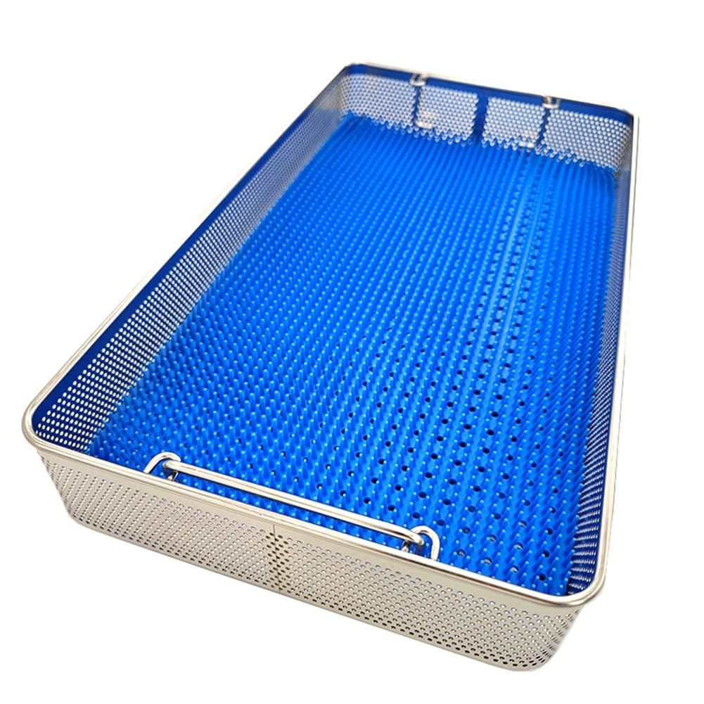 Sterilisationskorb für medizinische chirurgische Instrumente, Netzkorb, perforierte Körbe, Sterilisationstablett mit Silikonkissen(25 * 20 * 7cm)