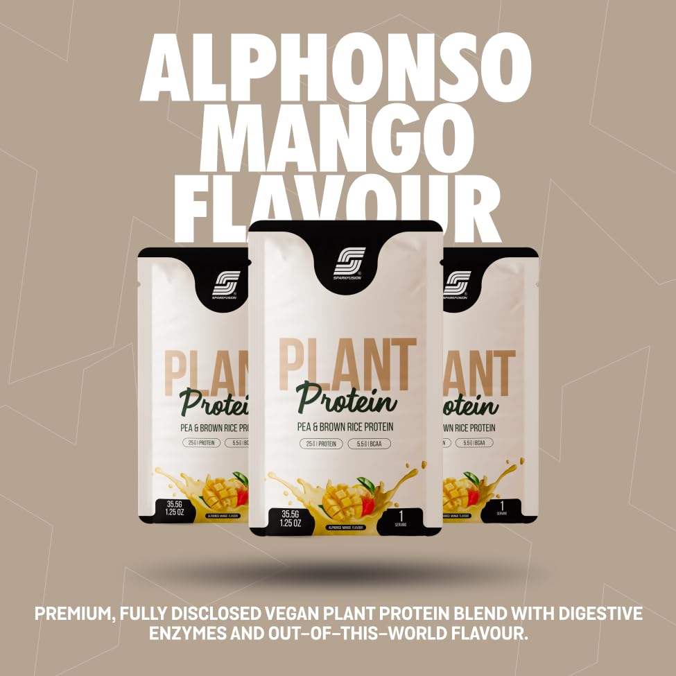 Image of Sparkfusion Plant Protein Powder Isolated Pea & Brown Rice Protein | 25g Protein per Sachet | 5.5g BCAA | Vegan, Gluten Free & Sugar Free | Alphonso Mango Flavour | Pack of 10 Sachets