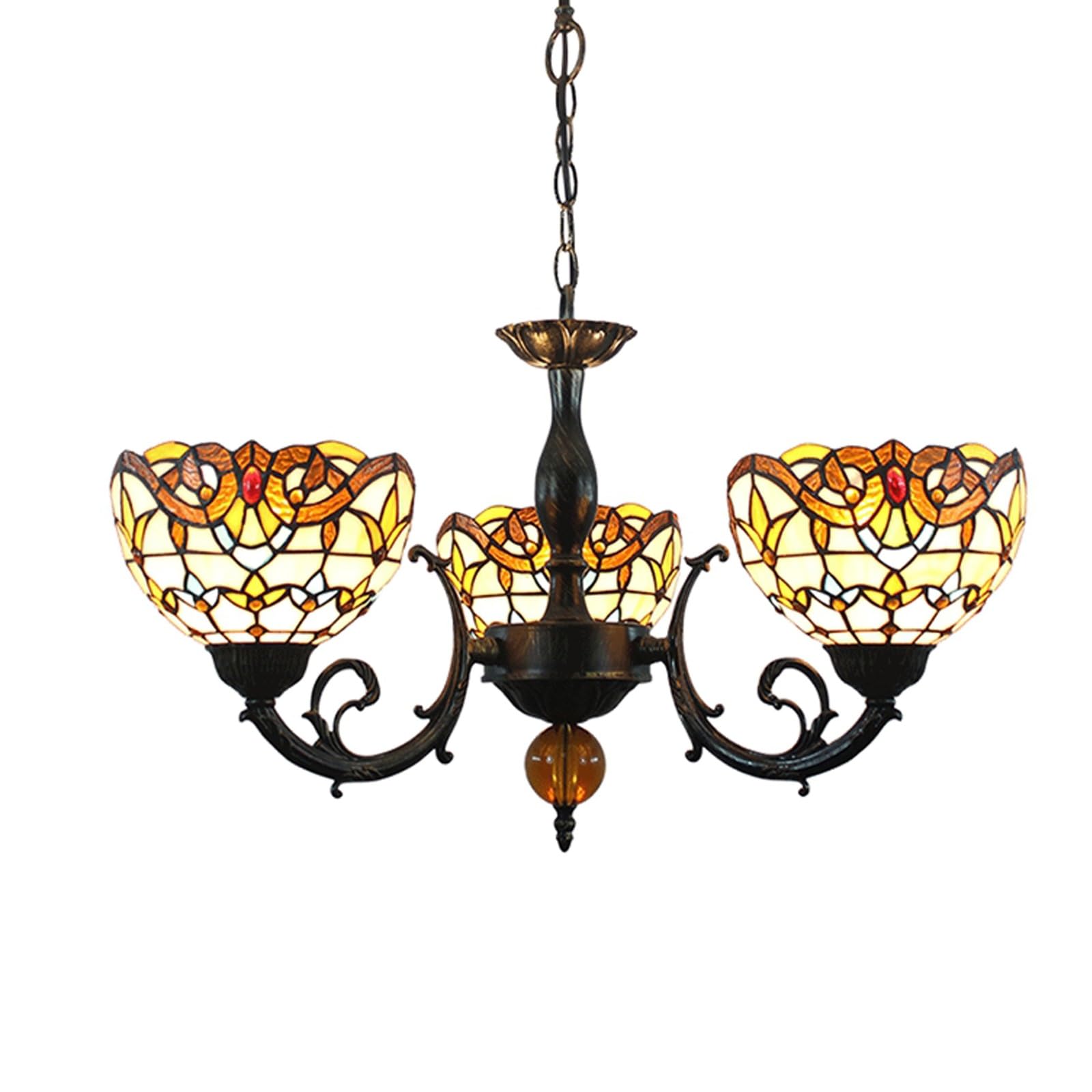 Lámpara de araña de cristal de colores Tiffany, 3 cabezas, 8 pulgadas, luz de techo, estilo barroco vintage amarillo, lámpara colgante for comedor, sala de estar, dormitorio, restaurante, pasillo.