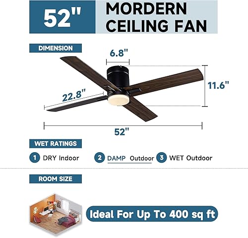 Miniatura 6 de Ventilador de techo de perfil bajo de montaje empotrado de 52 pulgadas con luz y control remoto, 4 cuchillas de madera reversibles de doble acabado,